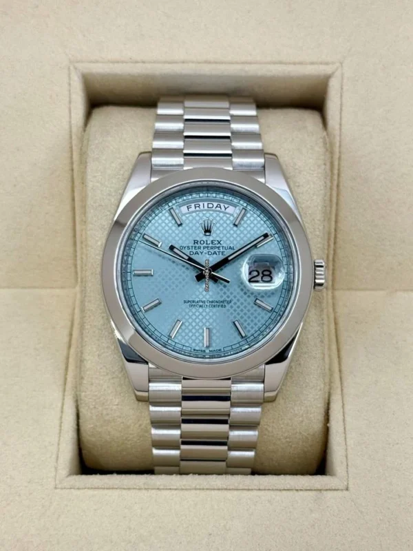 2018 Day-Date 40mm 228206 Platinum Jubilee Ice Blue Motif Dial